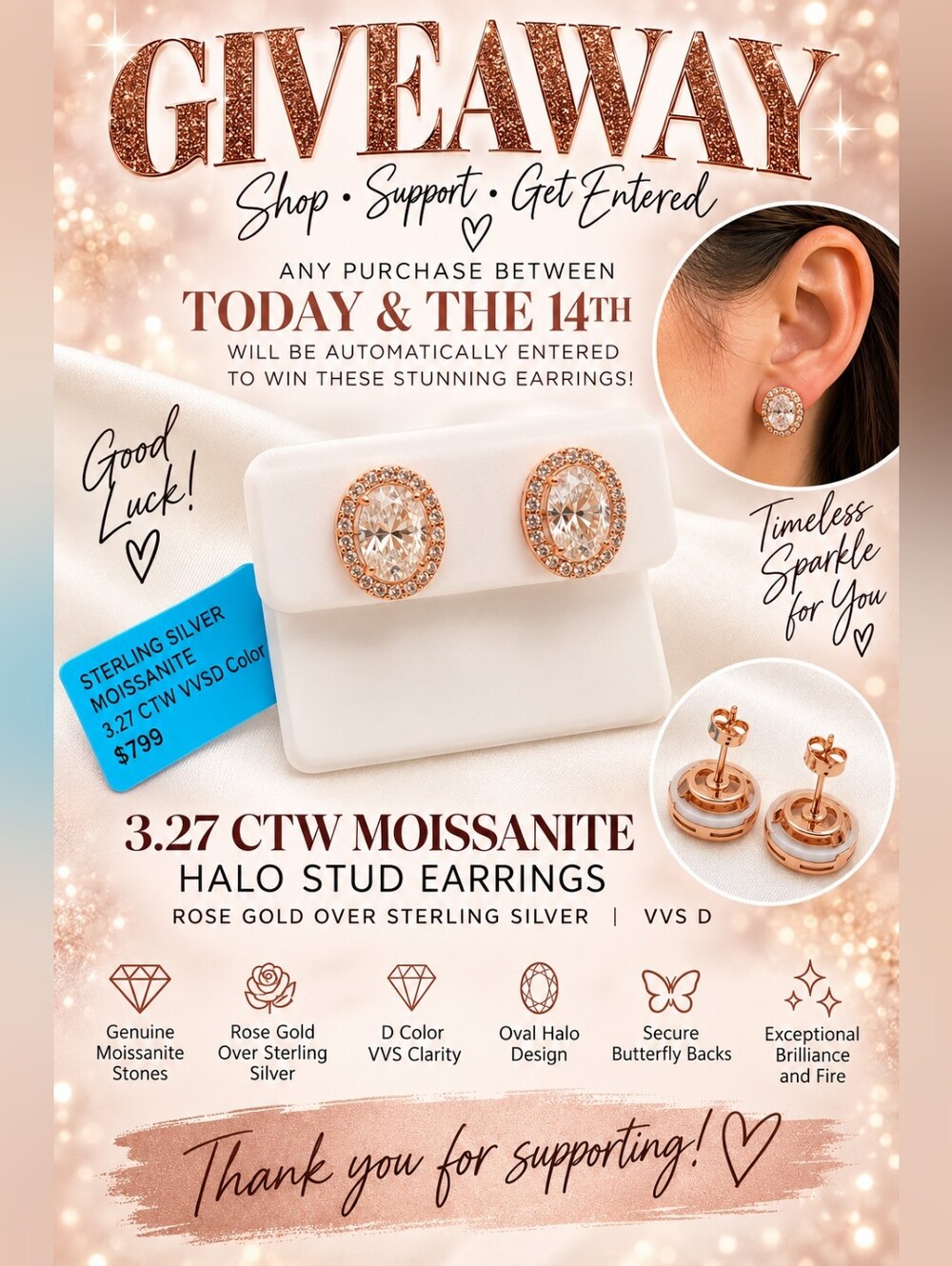 Rose Gold Moissanite Halo Stud Earrings 3.27 Ctw Giveaway Sept 14!